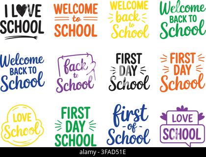 A vibrant collection of isolated back-to-school and first-day school greeting illustrations featuring playful handwritten styles. Each design emphasiz Stock Vector