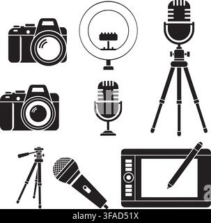 A clean set of isolated flat icons showcasing photography and audio recording tools, including cameras, microphones, tripods, and a light ring, all se Stock Vector