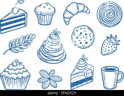 A charming collection of hand-drawn pastries, desserts, and coffee items isolated on a clean white background. Includes cupcakes, croissants, cake sli Stock Vector