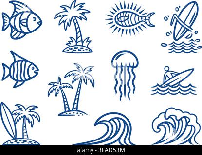 A vibrant collection of isolated tropical beach icons featuring stylized fish, palm trees, a jellyfish, surfers, and ocean waves. Each icon is cleanly Stock Vector