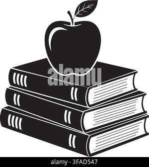 Isolated black and white line drawing of a fresh apple balanced on top of three stacked books, perfect for education and tech themes. Stock Vector