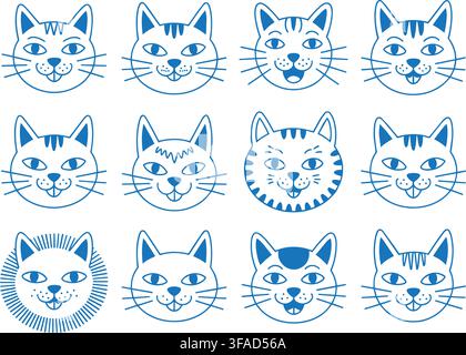 A collection of twelve stylized cat faces featuring playful blue and black patterns, isolated on a clean white background. Each cat has a unique expre Stock Vector
