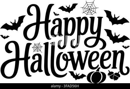 Happy halloween elegant script text with bat illustration Stock Vector ...