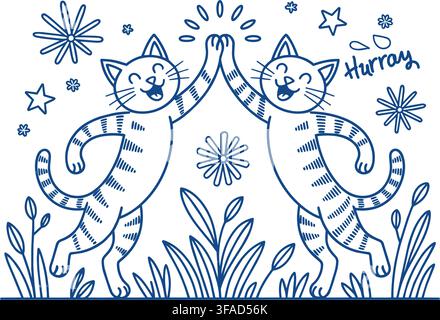 Two cheerful striped cats cheerfully giving each other a high five, surrounded by whimsical stars and flowers on a clean white background. Perfect for Stock Vector
