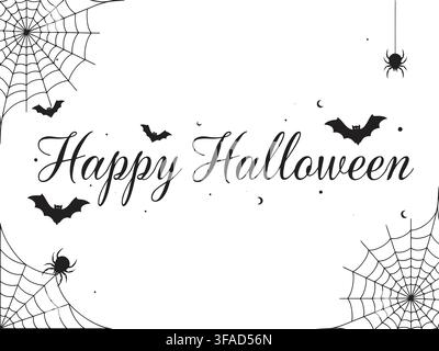 A stylish Halloween greeting card featuring the text 'Happy Halloween' surrounded by playful bats and intricate spider webs. The design is isolated on Stock Vector