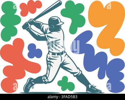 A stylish vector illustration of an isolated baseball player in mid-swing action, set against a vibrant, abstract background with bold green, red, blu Stock Vector