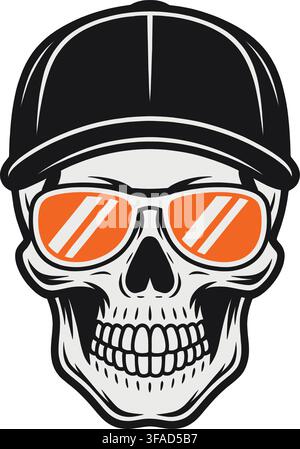 Isolated illustration of a smiling skull wearing stylish orange and white sunglasses and a dark baseball cap on a clean white background Stock Vector