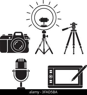 Isolated flat style icons depicting a camera, video light setup on a tripod, microphone, and graphic tablet with stylus for photography, videography, Stock Vector