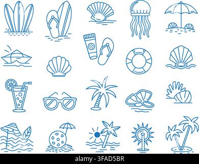 A set of isolated flat design icons representing various beach and summer themes such as seashells, flip-flops, jellyfish, sun, and beach accessories. Stock Vector