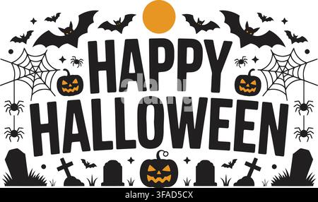 A cheerful Halloween-themed vector illustration featuring bold text saying Happy Halloween surrounded by pumpkins, flying bats, spiders, and webs. Iso Stock Vector