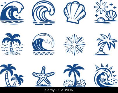 A collection of twelve isolated tropical-themed icons depicting waves, seashells, palm trees, stars, and beach elements in a bright blue and white col Stock Vector