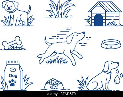A collection of isolated cartoon dog icons depicting a sitting puppy, running dog, doghouse, chew toy, dog food bag, food bowl, water droplet, and col Stock Vector