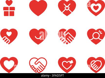 A collection of isolated red heart icons featuring various handshake, peace, and love symbols on a clean white background. Perfect for social media, p Stock Vector