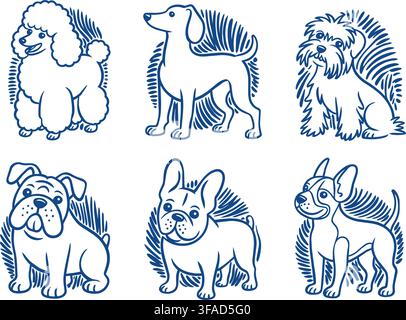 A collection of six stylish, cute cartoon dogs featuring playful geometric patterns in shades of blue and purple. Each dog has a distinct breed style, Stock Vector