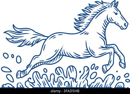 A stylish, isolated white horse in motion, galloping over water and rocky terrain with dynamic blue outline details on a clean white background. Perfe Stock Vector