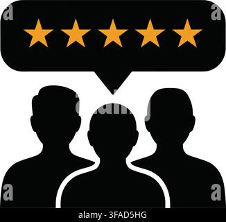Isolated graphic of three black silhouette figures standing together with a speech bubble above showing five glowing star ratings. Perfect for feedbac Stock Vector