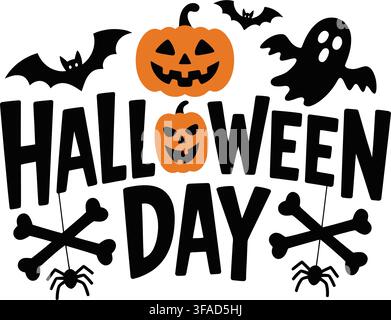 A playful Halloween Day design featuring two jack o lanterns, flying bats, a ghost, crossed bones, and spiders on an isolated white background perfect Stock Vector