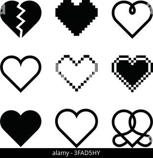 A collection of nine isolated heart icons displayed in various styles including pixel art, broken, pixelated, solid, and intertwined designs. Each hea Stock Vector