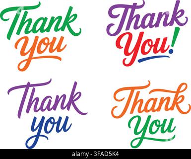 Vibrant and cheerful isolated thank you text designs featuring four stylish cursive font variations in bright colors on a clean white background perfe Stock Vector