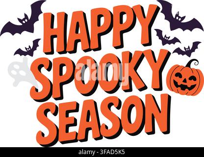 A vibrant and playful Halloween-themed vector illustration featuring the phrase 'Happy Spooky Season' surrounded by bats and a jack-o'-lantern. The de Stock Vector