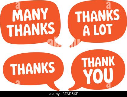 Isolated set of four vibrant orange speech bubbles displaying different gratitude messages: Many Thanks, Thanks a Lot, Thanks, and Thank You. Perfect Stock Vector