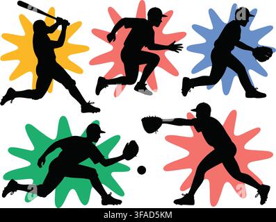 Isolated vector illustration of dynamic athletes engaged in baseball and cricket actions, surrounded by vibrant explosion effects on a clean white bac Stock Vector