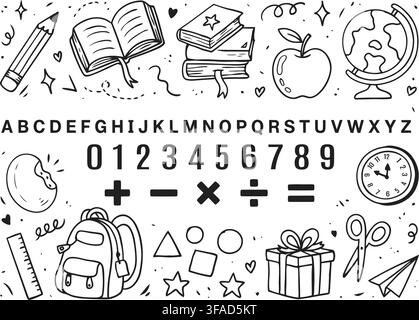 A charming black and white line art illustration featuring school-themed icons including letters, numbers, books, a pencil, globe, clock, and various Stock Vector