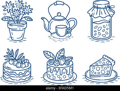 A charming collection of six hand-drawn illustrations featuring a flower pot, teapot with cup, jam jar, and three desserts on a clean white background Stock Vector