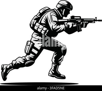 Isolated black and white illustration of a soldier in dynamic running pose, firing an assault rifle. Clean and bold line art style, ideal for military Stock Vector