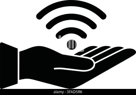 Isolated black and white vector icon of a hand holding a digital wifi signal symbol, representing wireless connection or internet access. Stock Vector