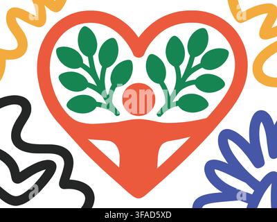 A cheerful isolated heart illustration featuring green leafy branches and an orange fruit inside, ideal for use in designs related to love, health, or Stock Vector