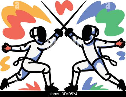 Isolated illustration of two fencers engaged in a sword duel, each surrounded by expressive, colorful thought bubbles representing emotions or ideas, Stock Vector