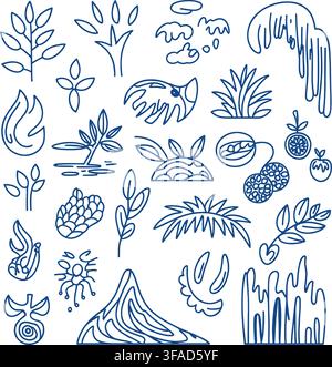 A playful set of isolated hand-drawn icons featuring various plants, fruits, flowers, and natural elements on a clean white background. Perfect for ed Stock Vector