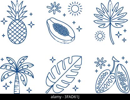Isolated collection of whimsical hand-drawn tropical fruits like pineapple and papaya, paired with leafy plants and decorative stars and suns on a whi Stock Vector