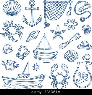A charming set of isolated vector illustrations featuring nautical themes like anchors, boats, and crabs alongside seashells and starfish, all on a cl Stock Vector