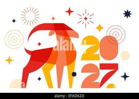 Vector vibrant geometric goat and typography numbers. Symbol of 2027 Chinese New Year. Flat holiday animal art print design element for banner, poster Stock Vector
