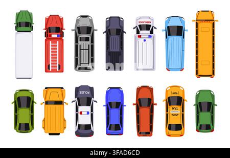 Transport top view. Flat vehicle. Cartoon urban cars, trucks, city auto transport, van, jeep, taxi, police from above. Top-down views road traffic Stock Vector