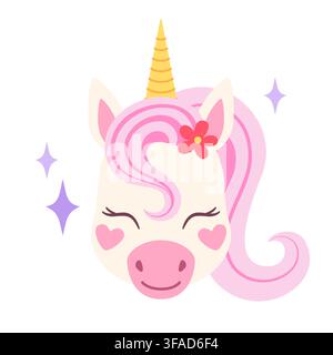 Cute unicorn head. Cartoon pony face. Funny color magic horse avatar with horn. Fairytale animal with decorative elements, flowers, crown, bow. Vector Stock Vector