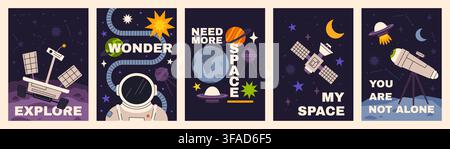 Space poster. Cosmos banner. Funny galactic elements, astronaut, constellations, planets, rocket, aliens on posters with funny lettering and quotes Stock Vector