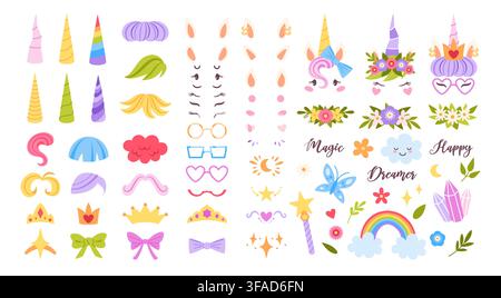Unicorn creator kit. Cute unicorns modular elements. Magic unicorn characters, face, crowns, bows, heart glasses, stars, flowers, color hair. Vector Stock Vector