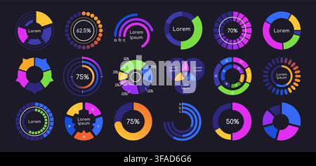 Round infographic. Circle graph chart. Colorful radial data dashboard, pie statistic diagrams and geometric elements for web design, business Stock Vector