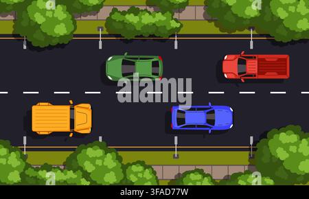 Cars on road top view. Highway traffic. Cartoon city transport driving on straight asphalt road with landscape. Flat vehicle view from above. Vector Stock Vector