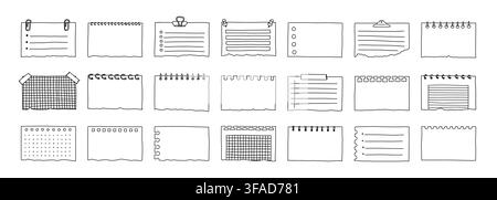 Doodle paper note. Memo notepad. Hand drawn sticky notebook, list board, frame with torn paper corner, reminder for schedule with lined, grid patterns Stock Vector