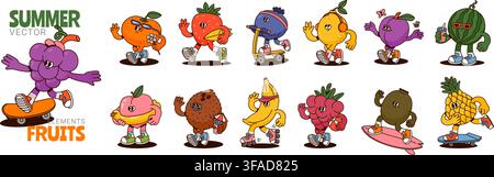 Funny fruits. Summer fruit characters. Cartoon food mascot. Comic cute juicy berry, emotion blueberry, grape, cocos, kiwi with face. Funky vector Stock Vector