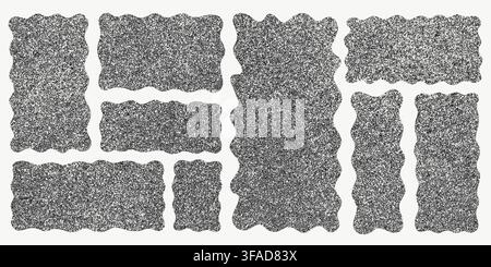 Grunge shape frames in square and rectangle formats filled with dense grain texture. Rough doodle blocks with zigzag wavy edges for bold text layouts Stock Vector