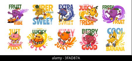 Groovy fruit characters. Juicy fruit sticker. Cartoon funky blueberry, grape, peach, mango, pineapple, orange, lemon mascot with juice. Funny quotes Stock Vector