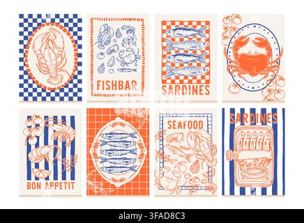 Seafood. Mediterranean food posters. Hand drawn fish on plates, lobster, crab, sardines, shrimp, shell, oyster. Italian cuisine banner for market Stock Vector