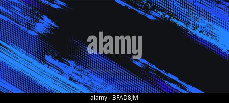 Abstract halftone, brush banner. Grunge sport background. Blue color dot pop texture, dynamic speed ink brush pattern, comic halftone effect. Vector Stock Vector