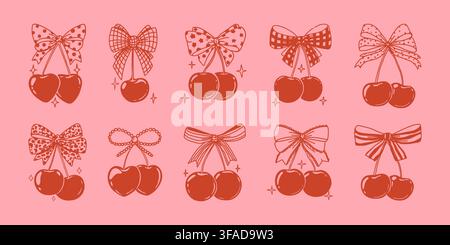 Coquette cherries with bow. Vintage cherry with ribbon. Hand drawn various girly berries with bows in different texture. Valentines bowknot with dot Stock Vector