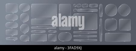 Transparent glassmorphism elements. Glass morphism effect. Overlay liquid UI UX interfaces, glossy frame, box, title, rounded shape, button, bar Stock Vector